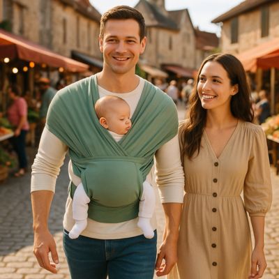 bebe-dans-porte-bebe-ergonomique-kangourou avec papa maman au marche