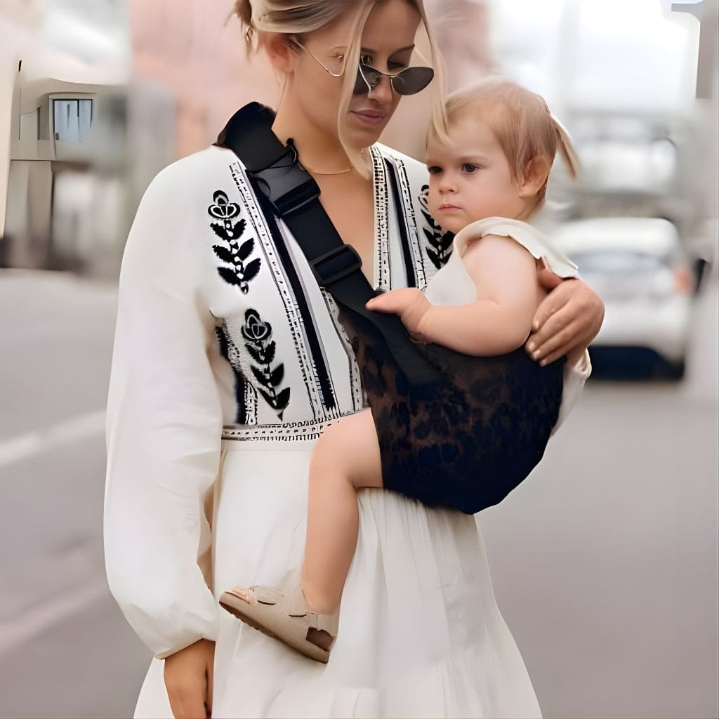 bébé porté en ville avec le porte-bébé Léopard, offrant un portage confortable et pratique au quotidien