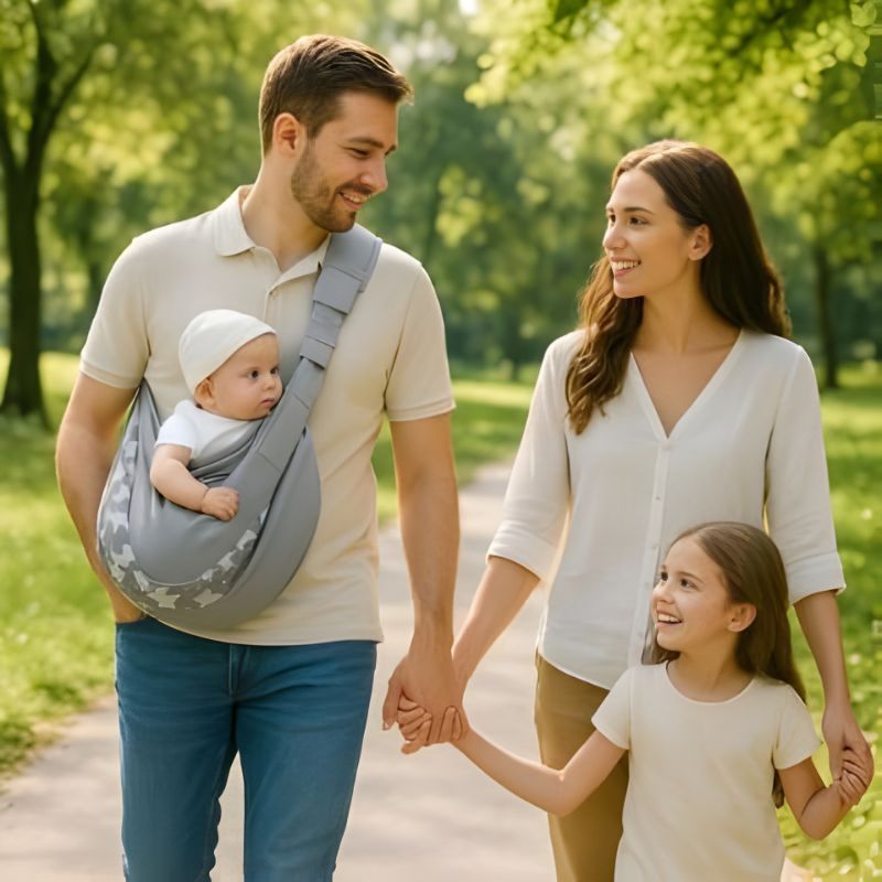 famille en promenade avec un bébé porté dans le porte-bébé naissance Ergo Câlin