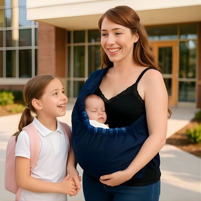 maman portant son bébé dans le porte-bébé naissance Nid de Tendresse à la sortie de l'école