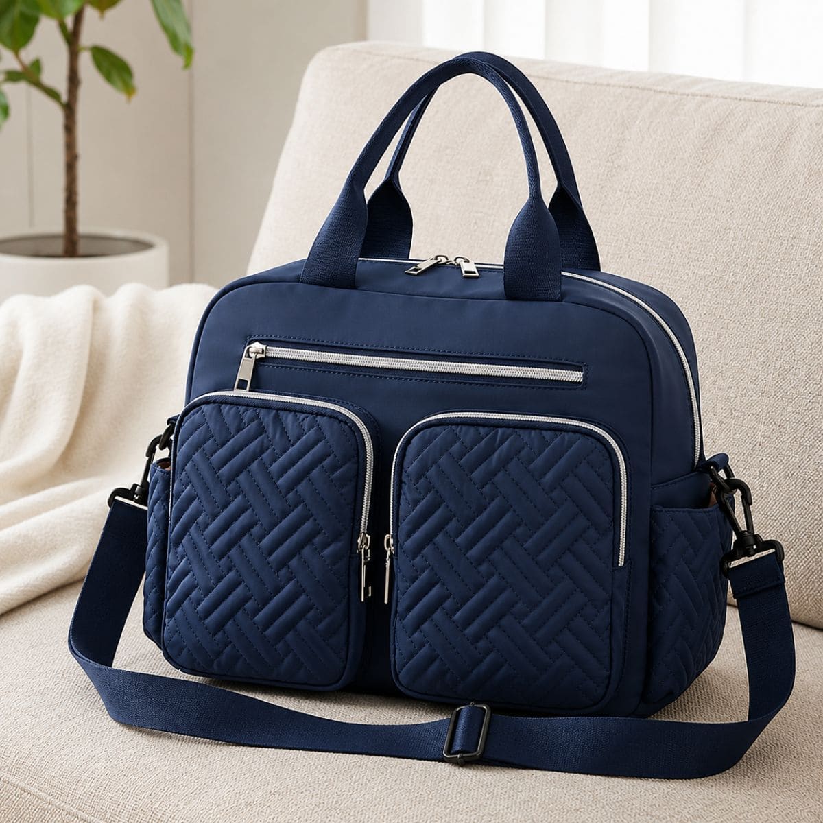 sac à langer Élégance Organisée bleu posé sur un canapé avec bandoulière et poches de rangement