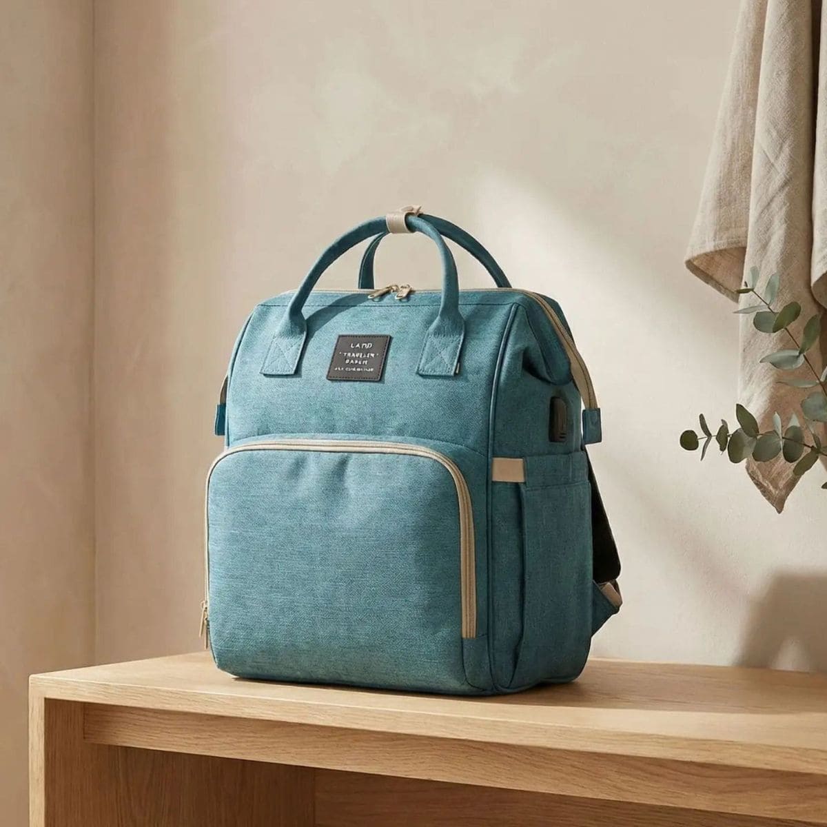 Sac à dos à langer Diaper BackPack vert grande capacité avec poche frontale zippée et bretelles réglables