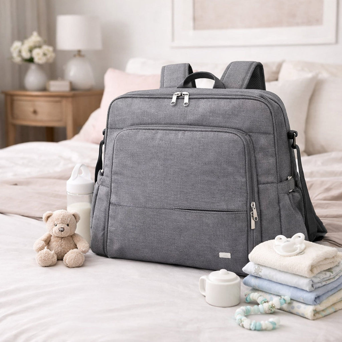 sac à dos à langer Parent'Hez gris foncé présenté avec accessoires pour bébé