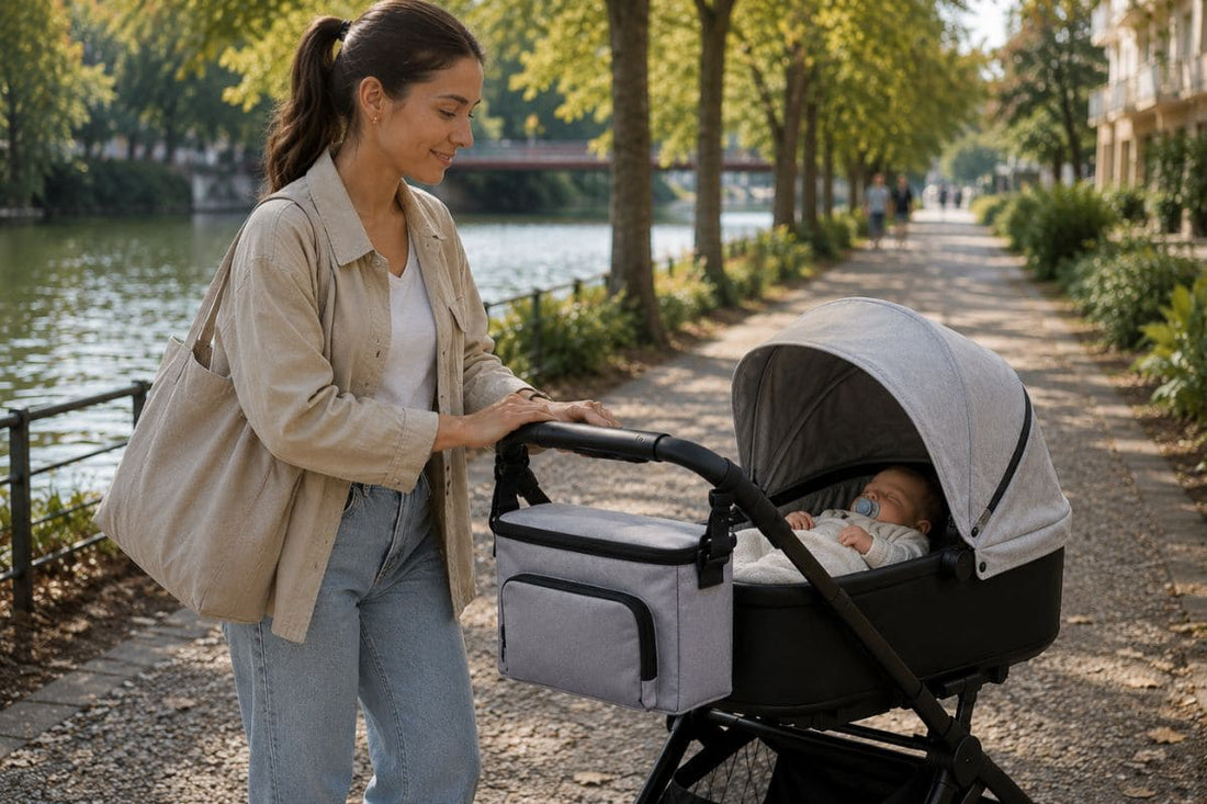 accessoire pour poussette avec organisateur Nomade Mini lors d'une sortie avec bébé