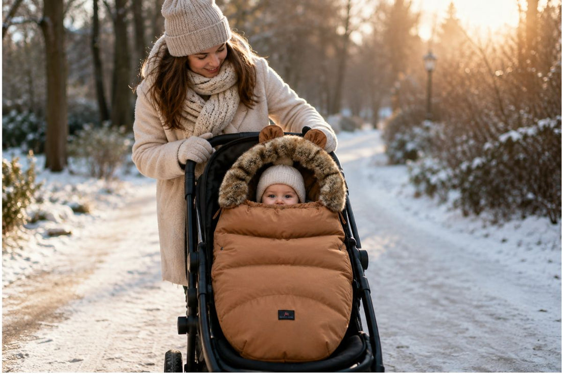 Chancelière bébé avec bébé installé en poussette pendant une promenade en hiver 