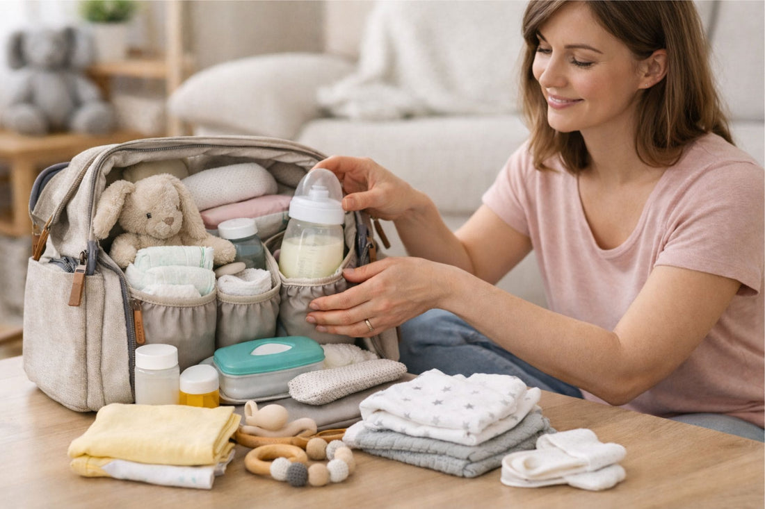 Maman préparant un sac à langer avec les essentiels pour une sortie avec bébé à la maison