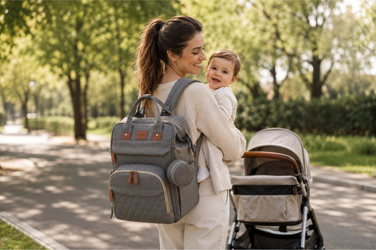 Maman portant un sac à dos à langer avec lit intégré pendant une promenade avec bébé et poussette 