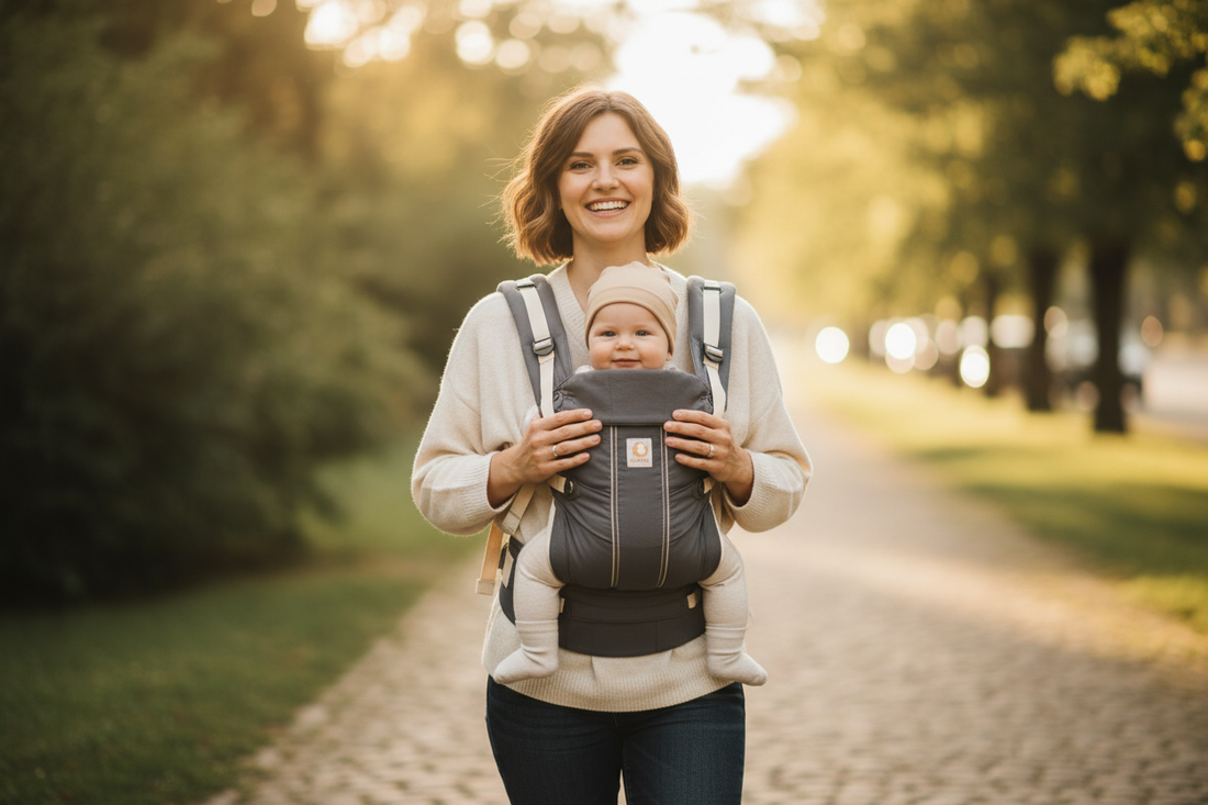 Parent portant bébé dans un porte-bébé ergonomique