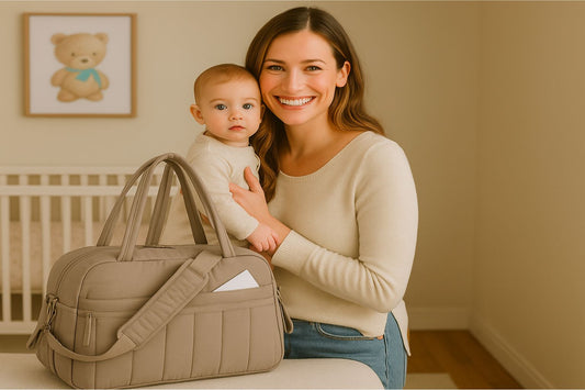 Maman avec bébé et sac à langer taupe