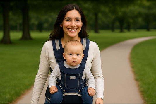 Maman souriante portant son bébé dans un porte-bébé ergonomique bleu