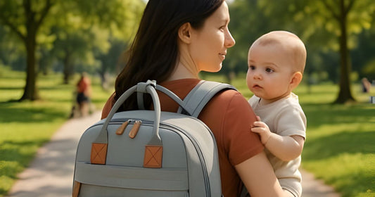 Sac à dos à langer porté par une maman tenant son bébé lors d’une sortie dans un parc
