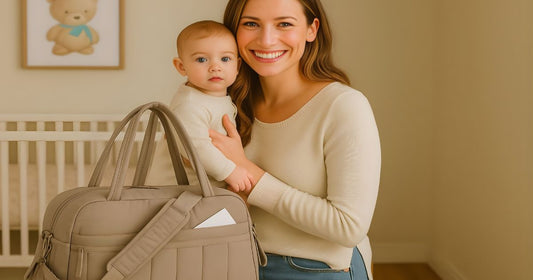 sac à langer épure baby porté par une maman avec bébé dans une chambre