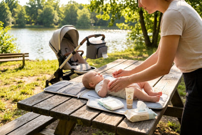 Maman changeant son bébé sur un tapis à langer nomade posé sur une table en bois dans un parc, avec un organisateur gris fixé sur la poussette en arrière-plan.