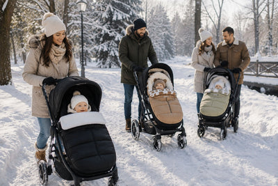 Chancelière bébé Enfant Cool - Collection de chancelières hiver pour poussette avec plusieurs modèles en situation lors d'une promenade hivernale 