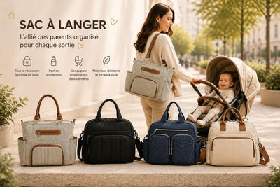 sac a langer porté par une maman avec son bébé en poussette et quatre modèles exposés. 