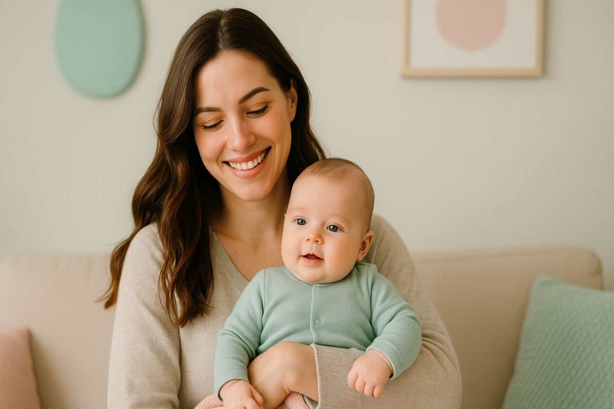 Mère souriante assise dans son canapé tenant son bébé sur ses genoux
