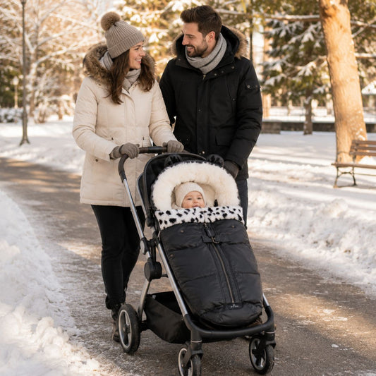 Chancelière poussette hiver Cocon Douillet utilisée par un papa et une maman lors d'une promenade hivernale avec leur bébé confortablement installé dans la poussette.