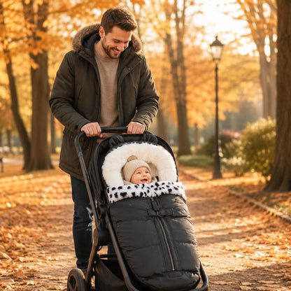 Chancelière poussette hiver Cocon Douillet utilisée par un papa pendant une promenade automnale avec son bébé installé au chaud dans la poussette.