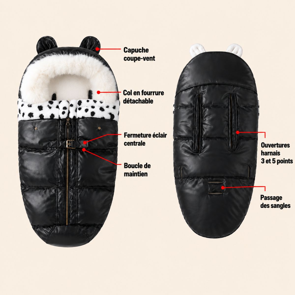 Chancelière poussette hiver Cocon Douillet présentée de face et de dos montrant la capuche, le col en fourrure, les ouvertures pour harnais et le passage des sangles.