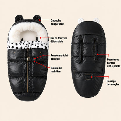 Chancelière poussette hiver Cocon Douillet présentée de face et de dos montrant la capuche, le col en fourrure, les ouvertures pour harnais et le passage des sangles.