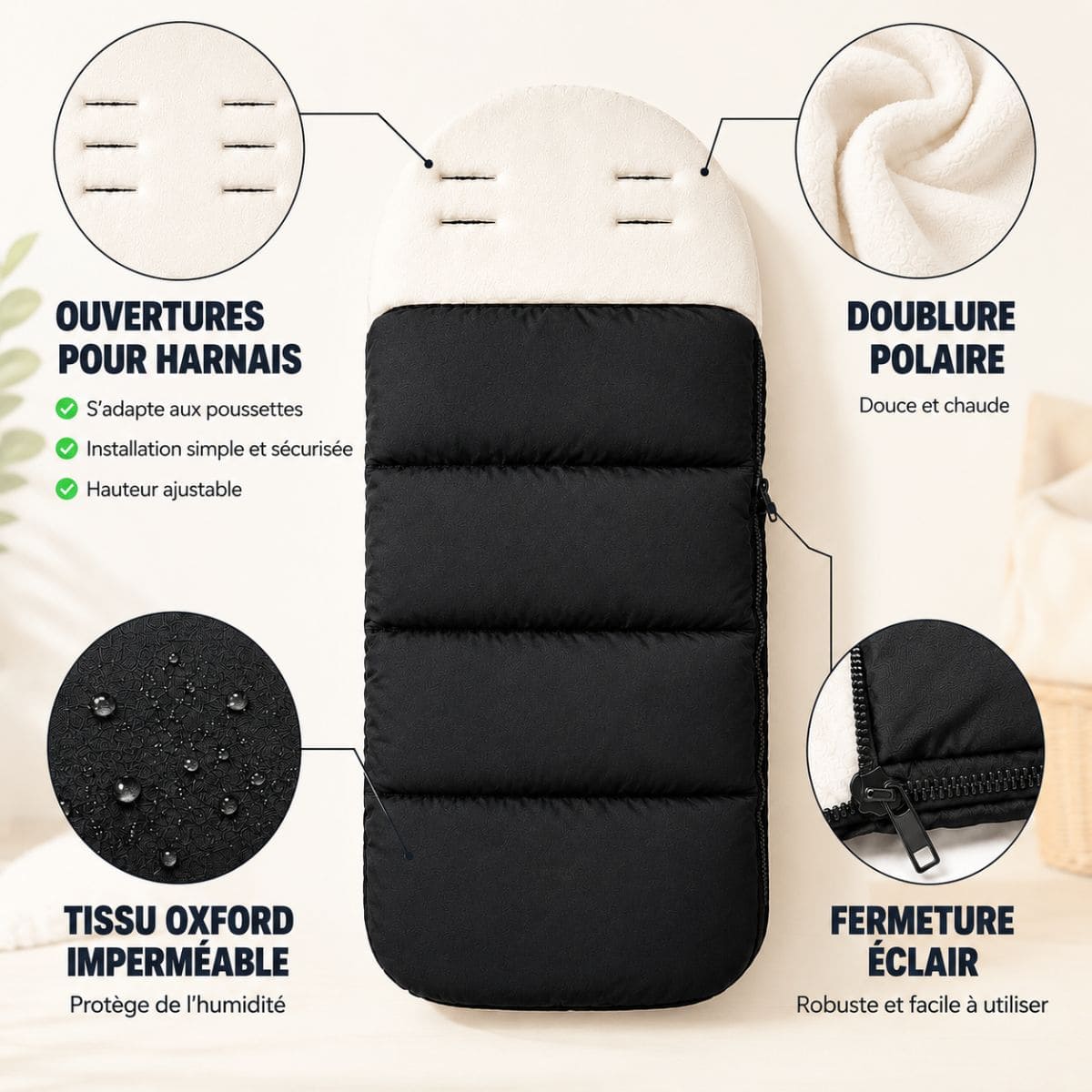 Chanceliere poussette Nid Douillet avec ouvertures pour harnais, doublure polaire, tissu imperméable et fermeture éclair. 