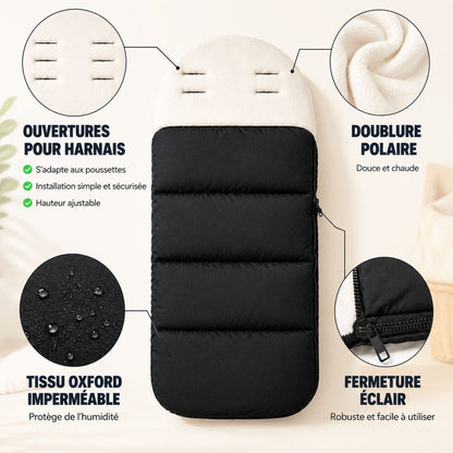 Chanceliere poussette Nid Douillet avec ouvertures pour harnais, doublure polaire, tissu imperméable et fermeture éclair. 