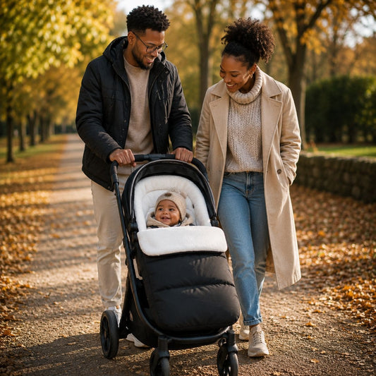 Chanceliere poussette Nid Douillet utilisée lors d'une promenade en famille. 