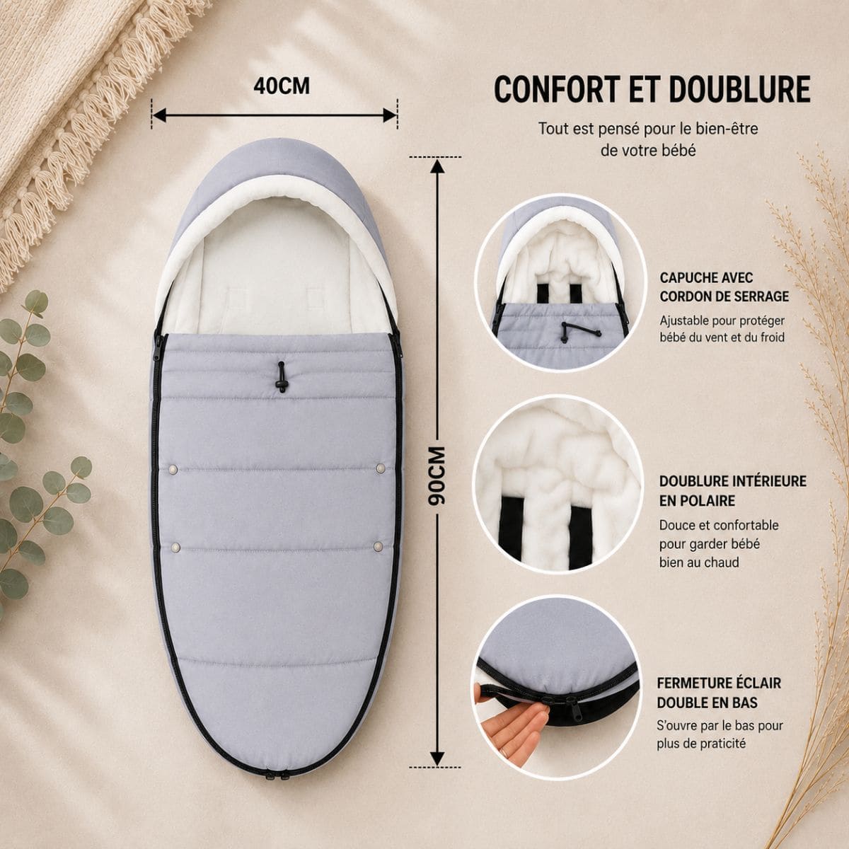 Chancelière poussette Rempart Hivernal avec dimensions et principaux détails de conception. 