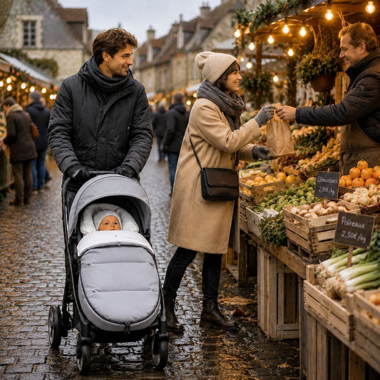 Chancelière poussette Rempart Hivernal grise utilisée dans une poussette lors d'une sortie hivernale au marché. 