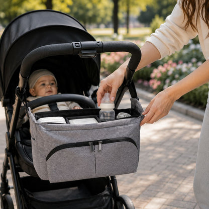 Organisateur de poussette Nomade Go avec accès rapide au biberon pendant une promenade avec bébé
