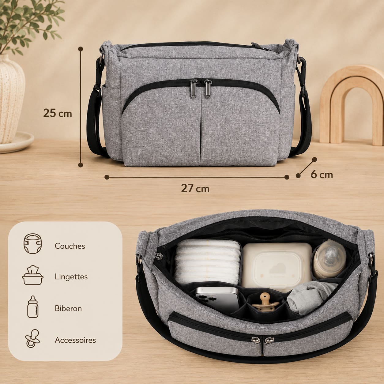 Dimensions et capacité de rangement de l’organisateur de poussette Nomade Go avec accessoires bébé