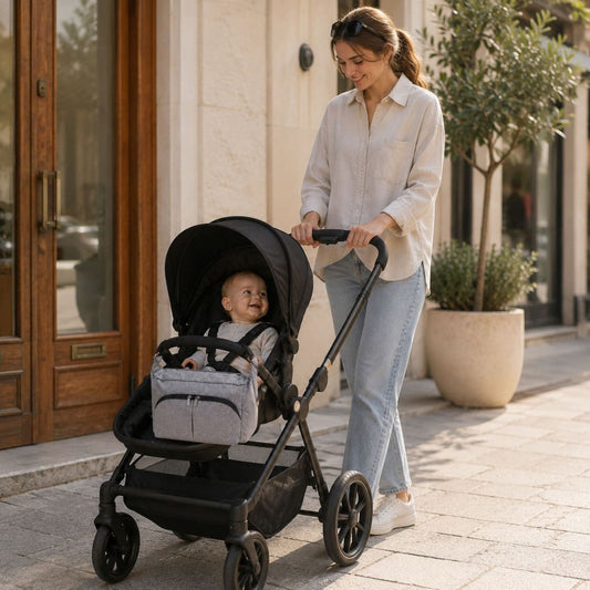 Organisateur de poussette Nomade Go gris fixé sur une poussette noire pendant une sortie avec bébé