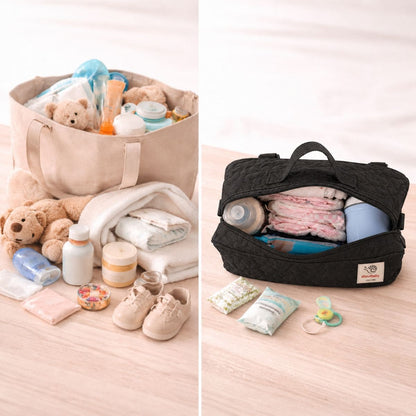 Organisateur poussette Nomade comparé à un grand sac de bébé, montrant un rangement plus organisé avec couches, biberon et accessoires essentiels.