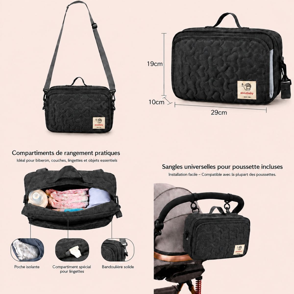 organisateur poussette Nomade présenté avec ses dimensions, ses compartiments de rangement, sa bandoulière et son système de fixation pour poussette.