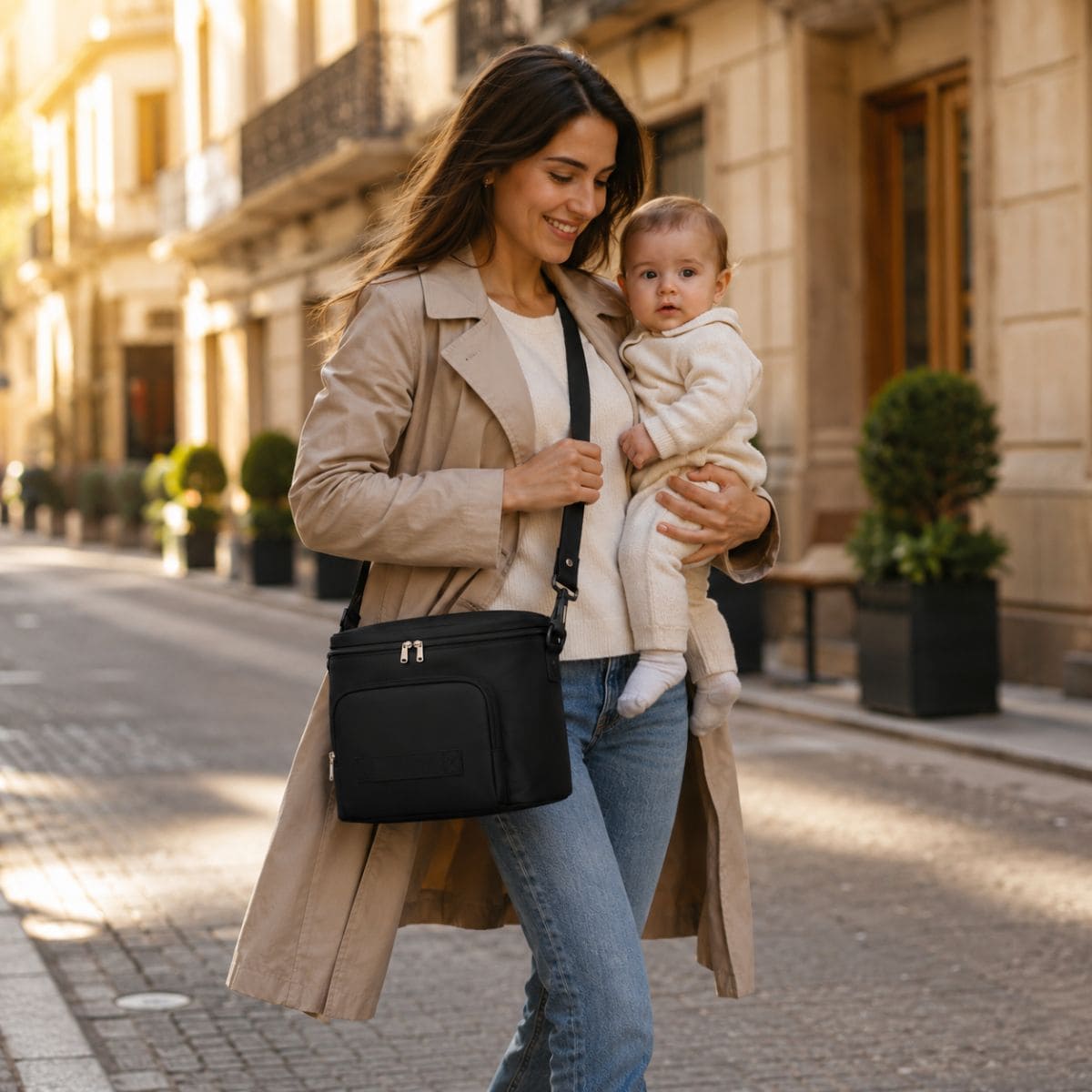  sac à langer pour poussette Nomade Mini porté en bandoulière par maman