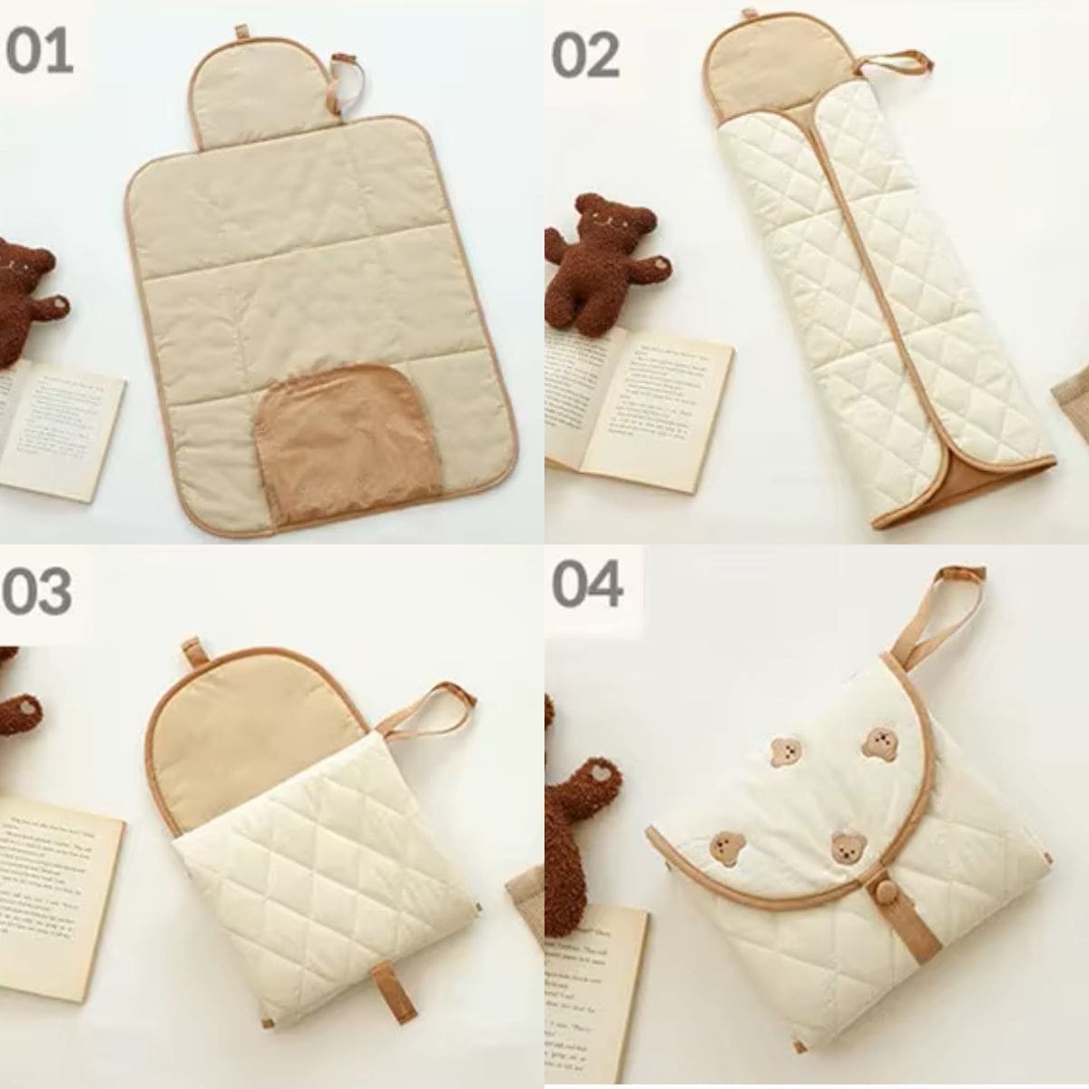tapis à langer nomade Petit Cocon montrant les différentes étapes de pliage pour passer du format déplié au format pochette compacte