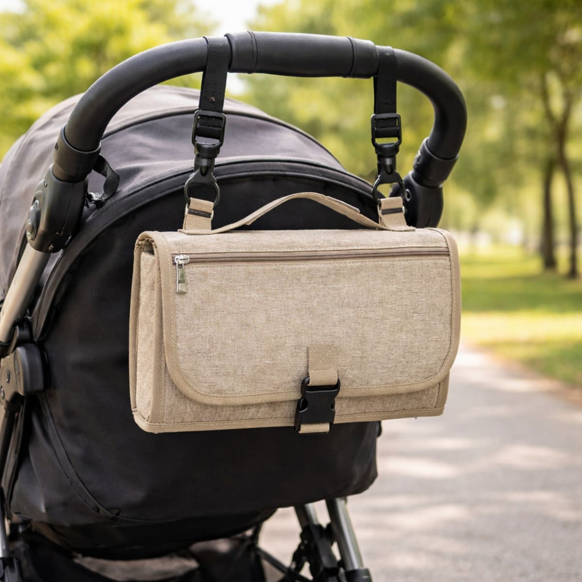 Tapis à langer nomade Nomade+  plié fixé à une poussette avec système d’attache visible en extérieur 