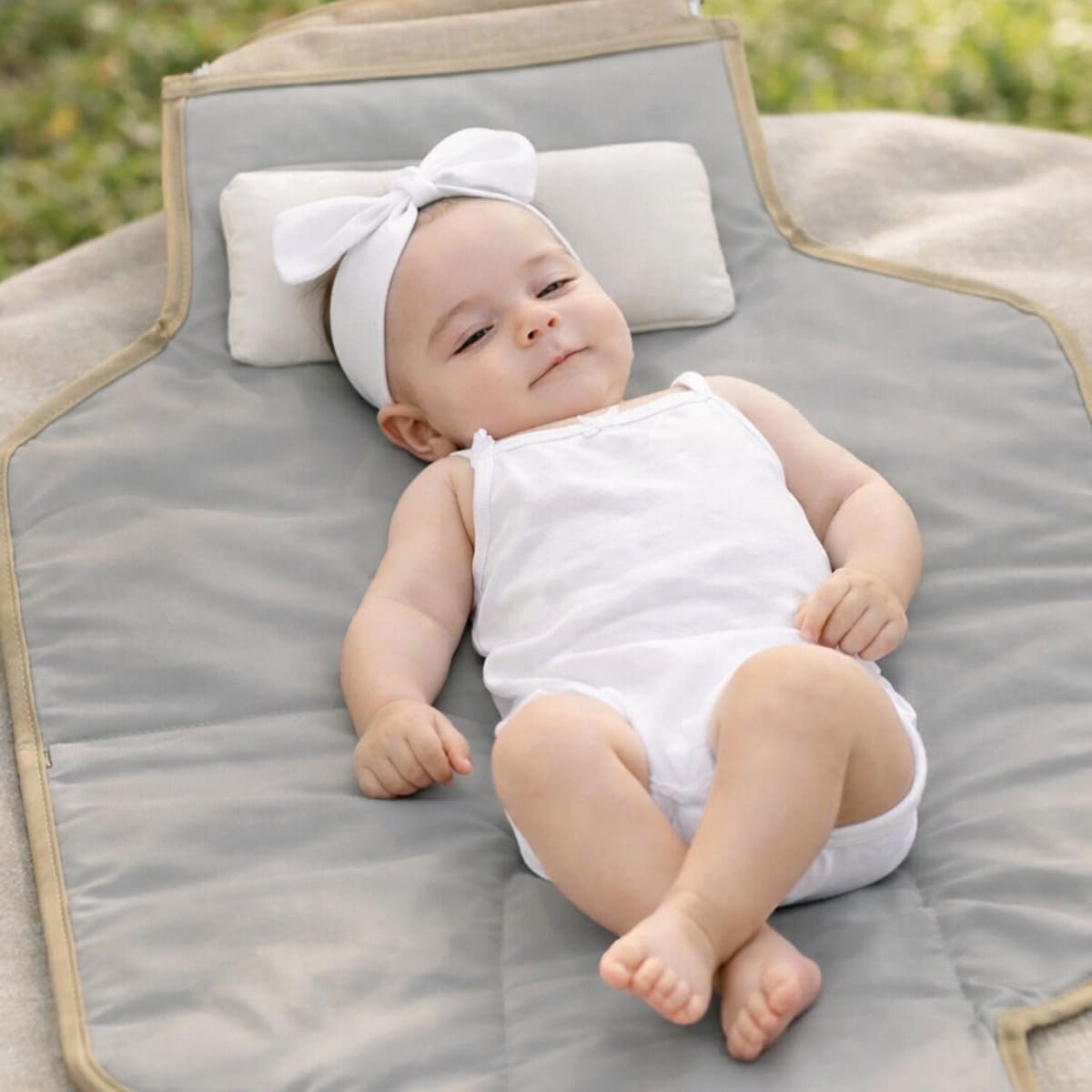 Bébé allongé sur tapis à langer nomade Nomade+ avec matelas et coussin confortable en lumière naturelle 