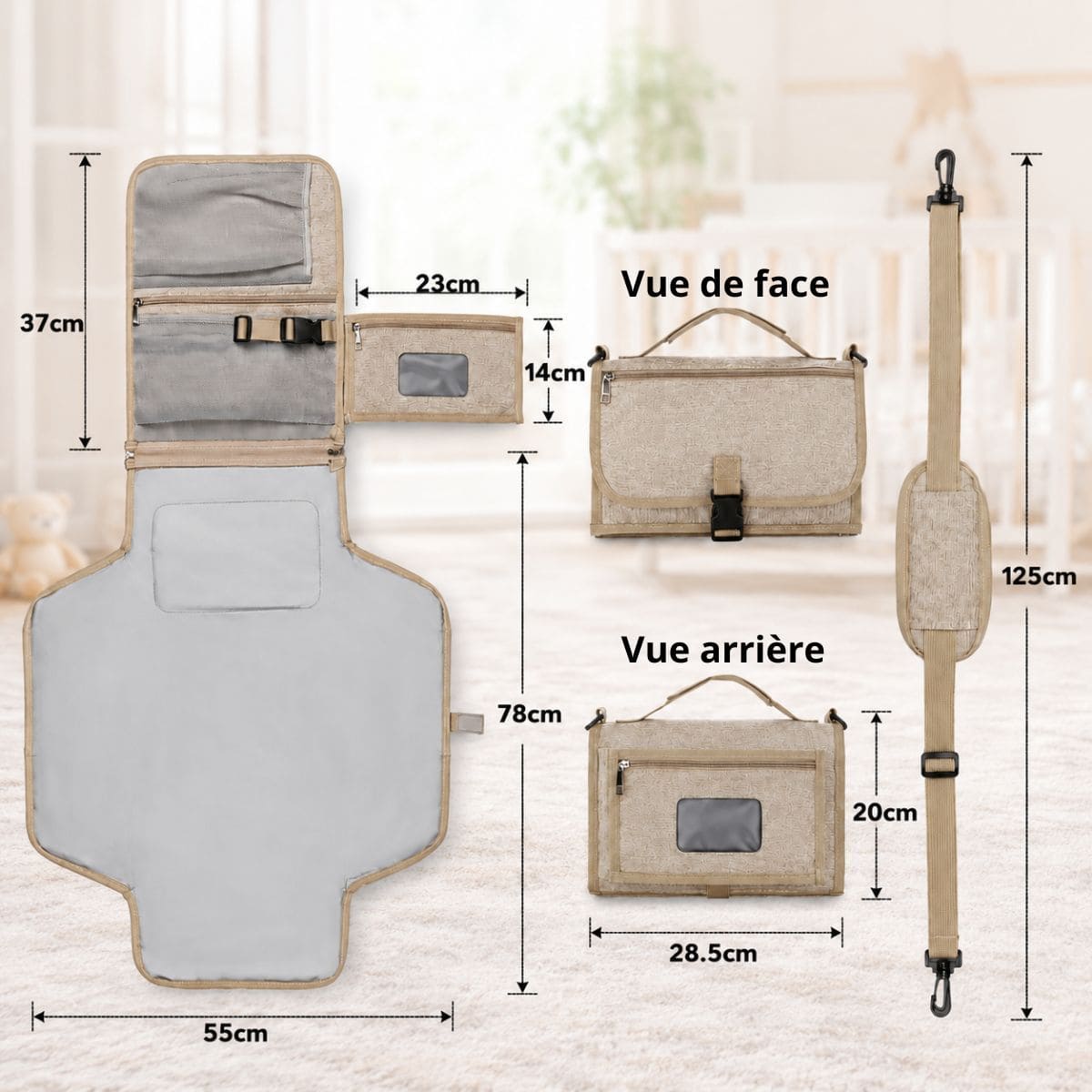 Tapis à langer nomade Nomade+ avec dimensions du tapis 78 x 55 cm, format plié compact 28,5 x 20 cm, pochette lingettes intégrée 23 x 14 cm et bandoulière de 125 cm.