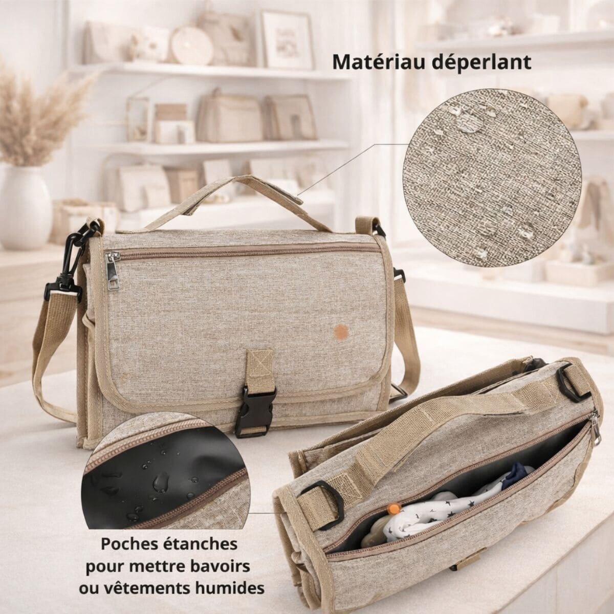 Tapis à langer nomade Nomade+ avec matériau déperlant et poches étanches pour transporter vêtements ou accessoires humides lors des sorties avec bébé.