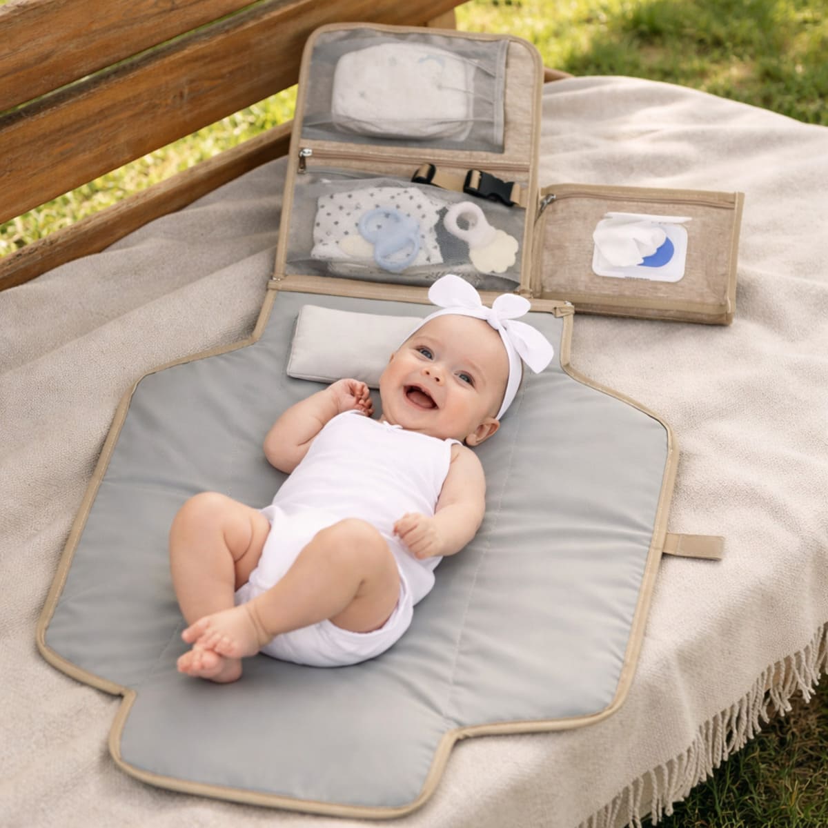 Tapis à langer nomade Nomade+  ouvert avec matelas compartiments et accessoires bébé visibles sur surface propre