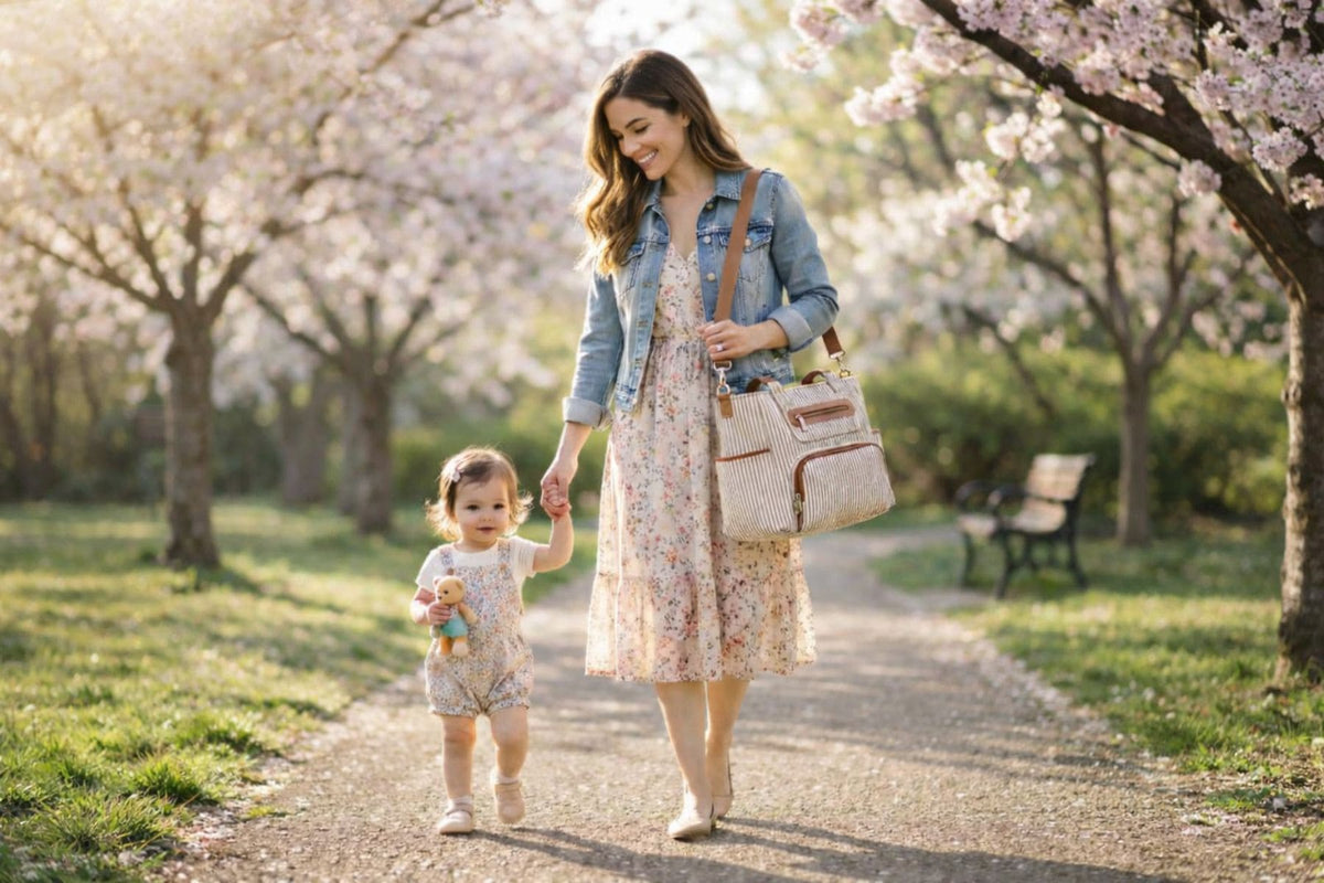 Accessoires pour bébé avec sac à langer lors d'une promenade avec maman et son enfant