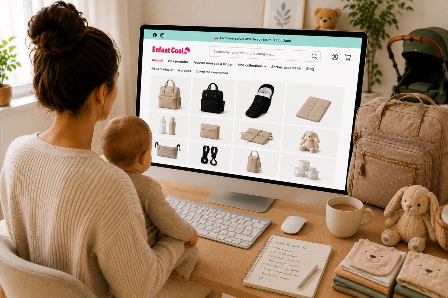 maman depuis son ordinateur consulte une boutique en ligne à la recherche d'un sac à langer et d'accessoires pour bébé.