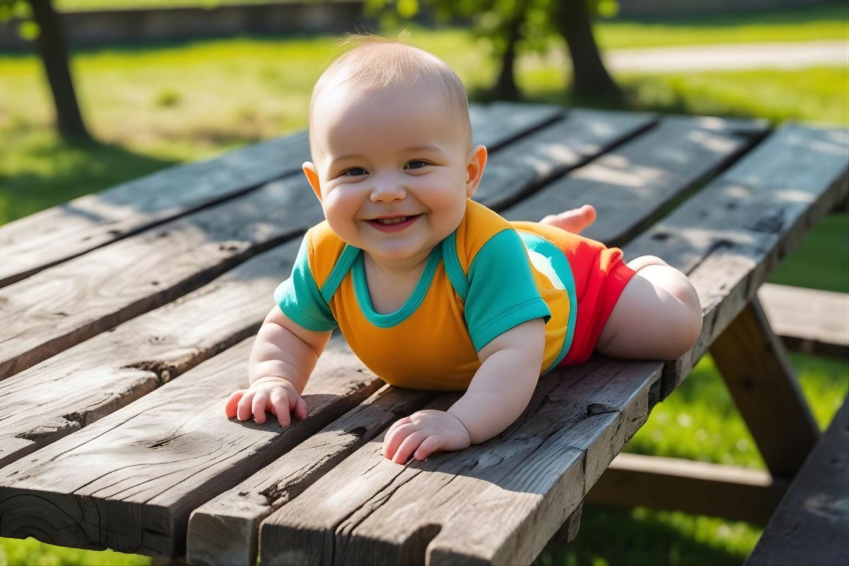 Bébé allongé sur table en bois au parc