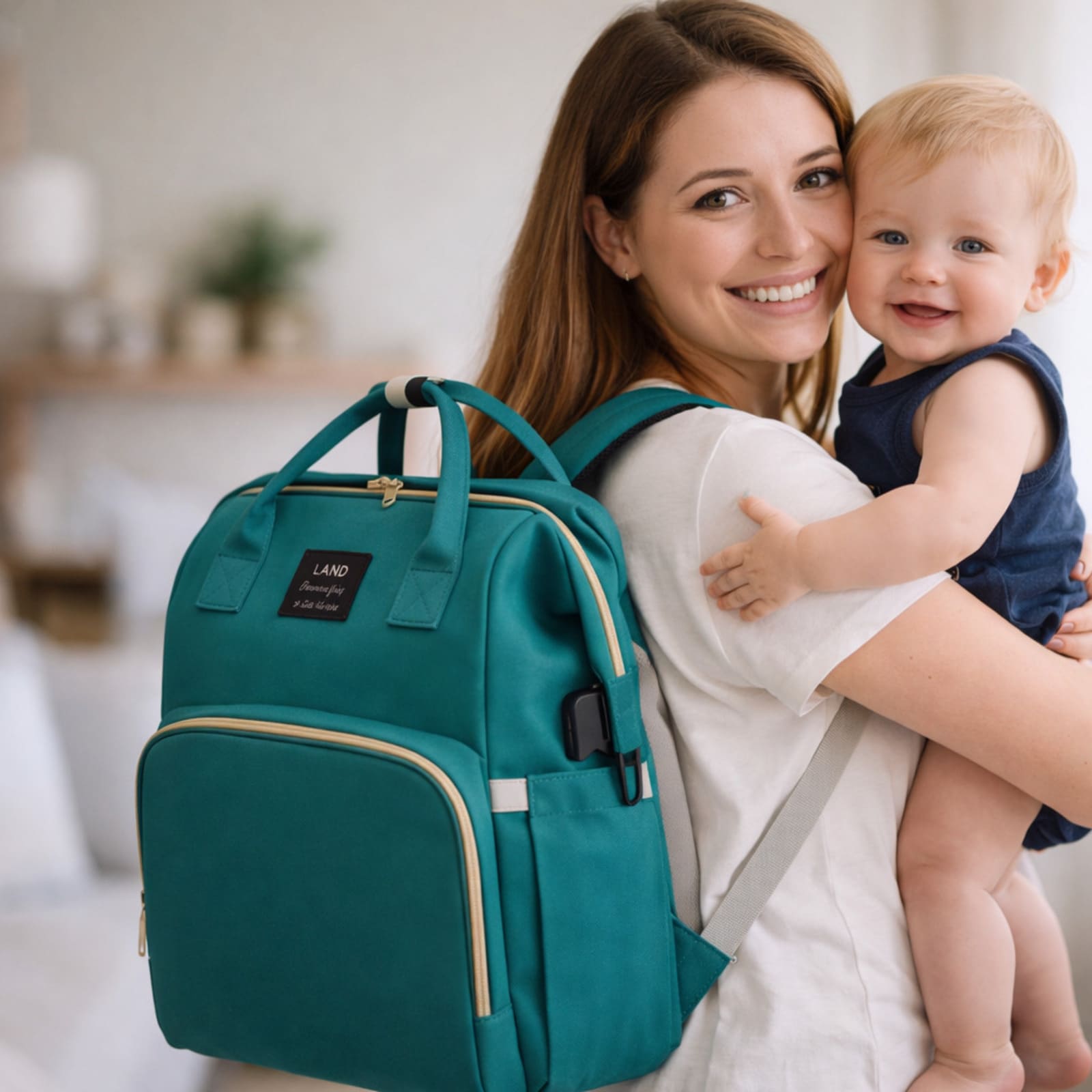  sac à dos à langer porté par une maman souriante avec son bébé prête pour une sortie