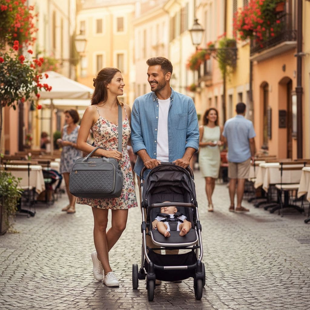 couple en promenade avec le sac à langer Élégance Pratique gris