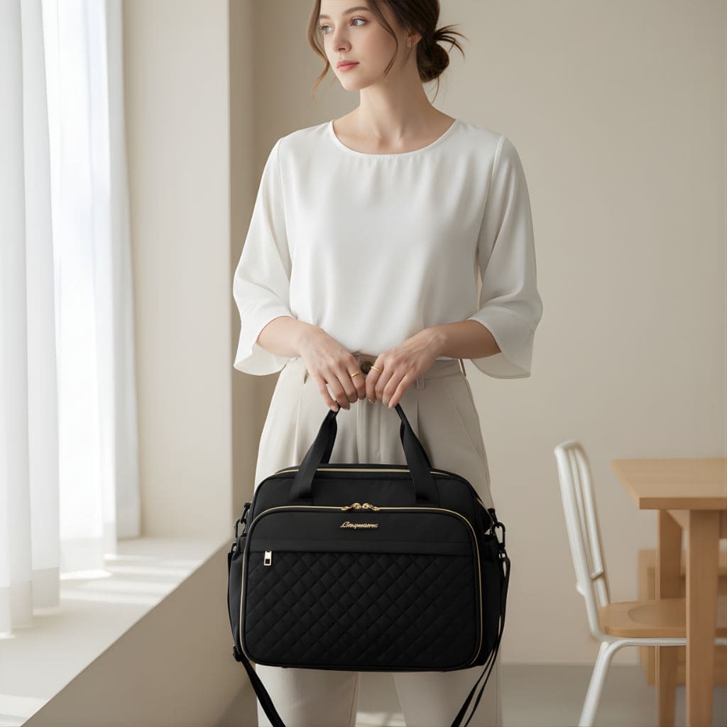 femme tenant le sac à langer Élégance Pratique noir