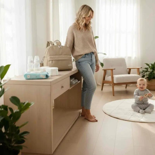maman bébé dans le salon avec sac à langer sac à dos Prémium beige sable
