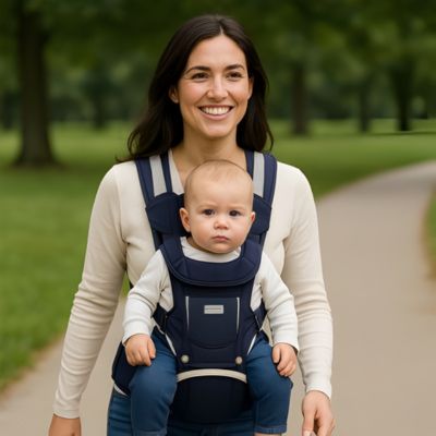 maman porte son bébé face au monde avec le porte-bébé ergonomique Aventurier en Herbe bleu foncé