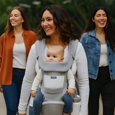 maman en promenade avec des amis porte son bébé face au monde avec porte-bébé ergonomique Aventurier en Herbe gris